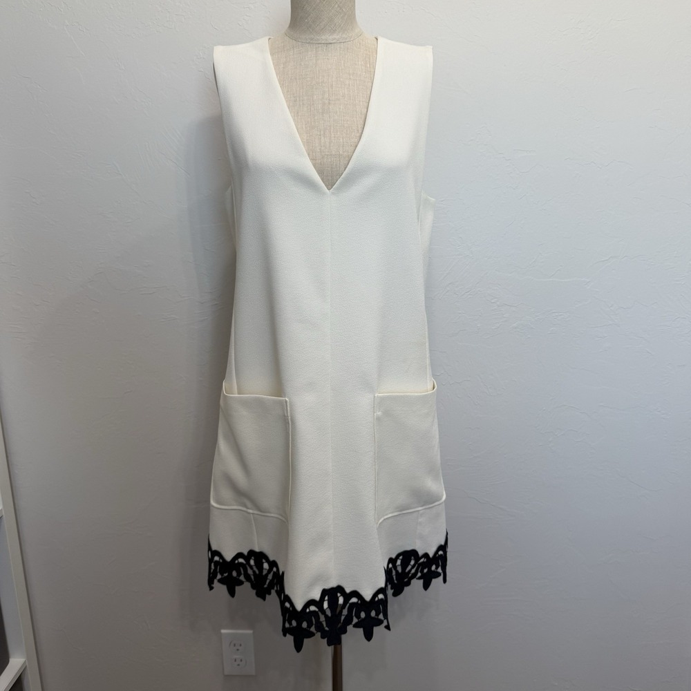 See by Chloe 40 US XS Crepe Mini Dress Jumper A-Line V-Neck Lace Hem Oversized - Picture 3 of 16